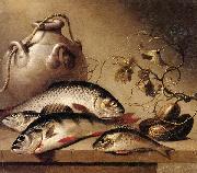 Harmen van Steenwyck Still life of freshwater fish,together with an earthenware pot and ghrkins,upon a stone ledge oil painting on canvas